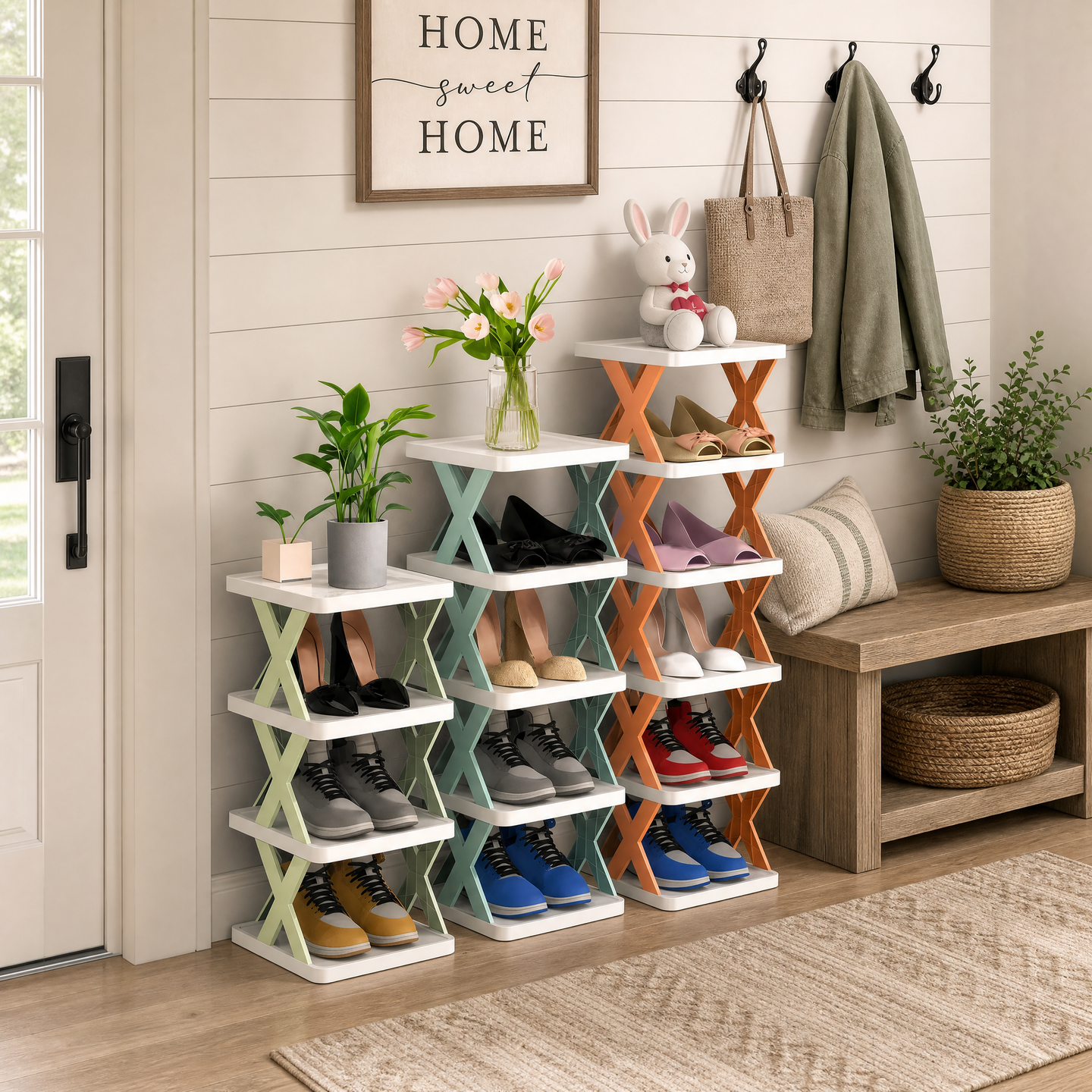 Modern shoe storage rack shown in orange, green and blue