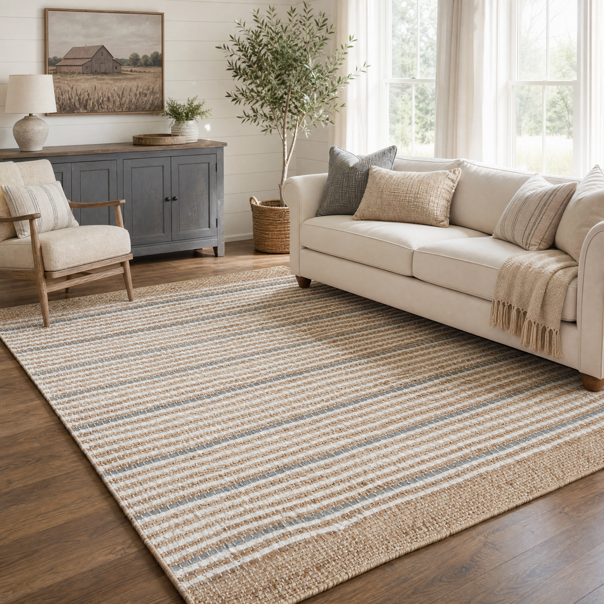 Remi Soft Hand Spun Jute Striped Rug with Wool Accent Stripes