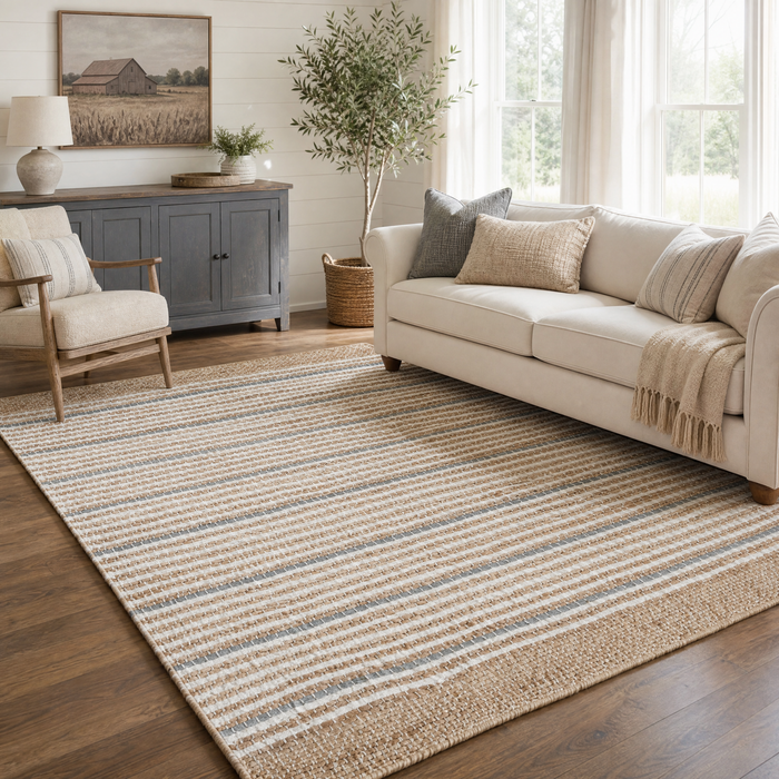 Remi Soft Hand Spun Jute Striped Rug with Wool Accent Stripes