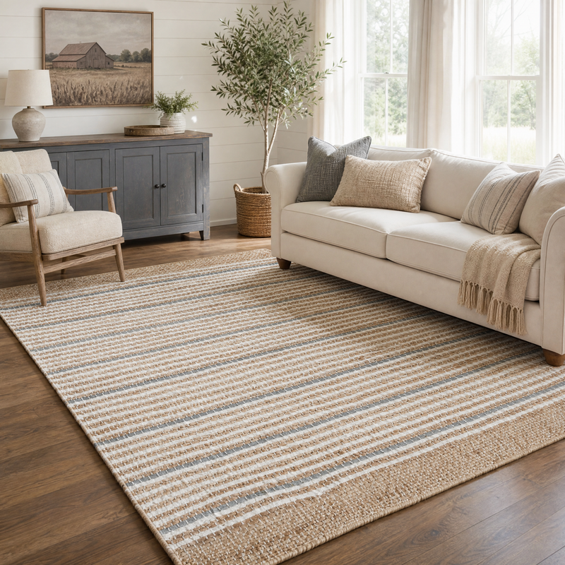 Remi Soft Hand Spun Jute Striped Rug with Wool Accent Stripes