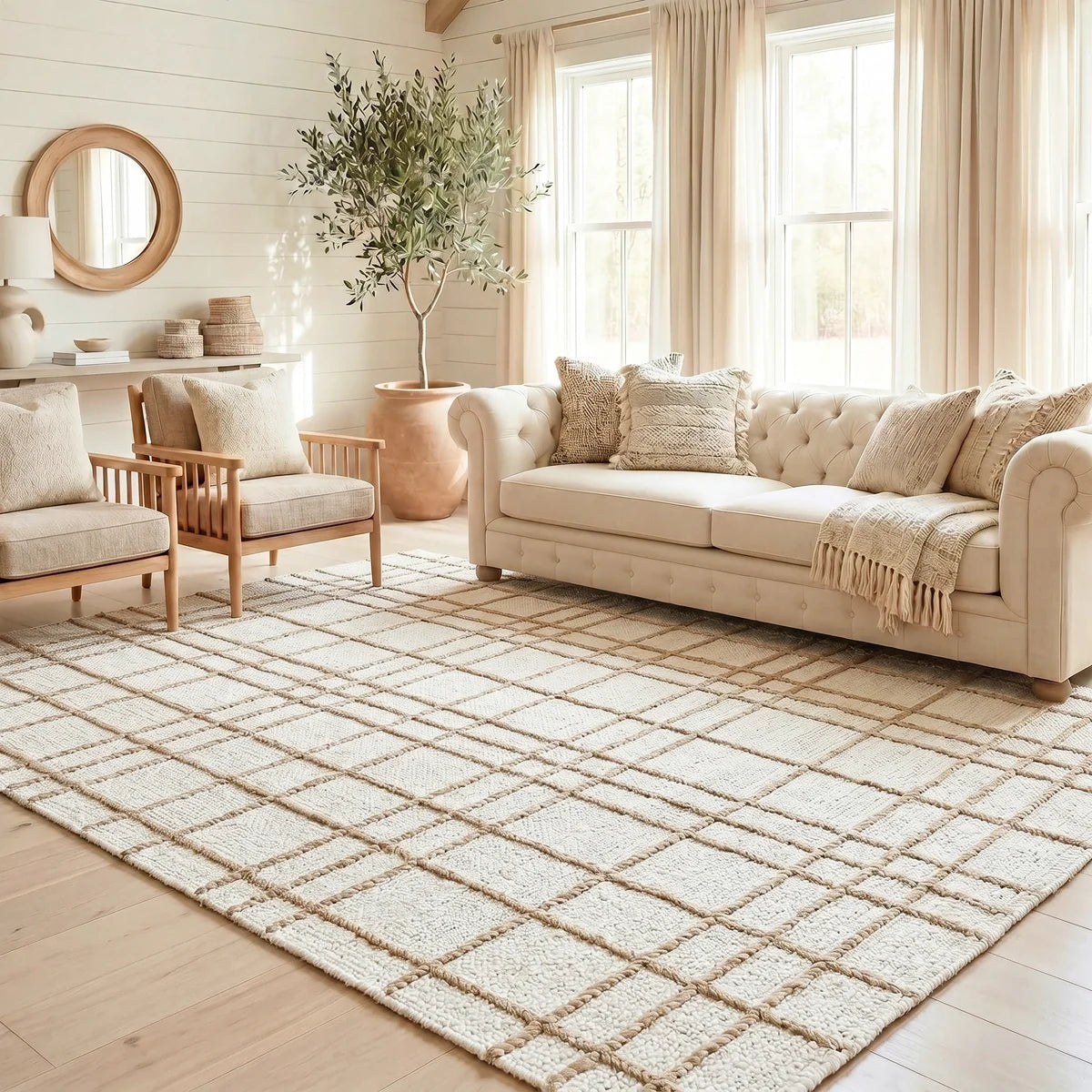 Faye Hand Embroidered Jute Windowpane Rug with Cotton Backing, Linen White & Beige