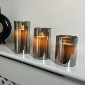 Set Of 3 - Flameless Pillar Candles With Smokey Gray Casing