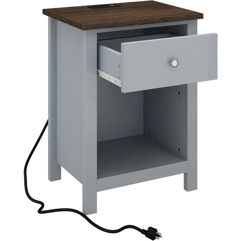 Rustic Single Drawer Nightstand With Built In Charging Station