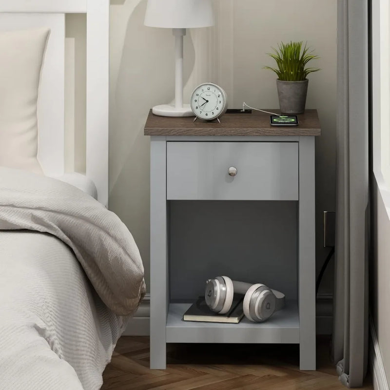 Rustic Single Drawer Nightstand With Built In Charging Station