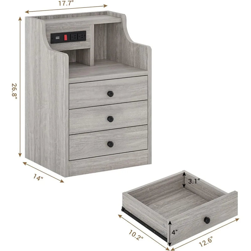 Chic 3 Drawer Nightstand With Charging Station