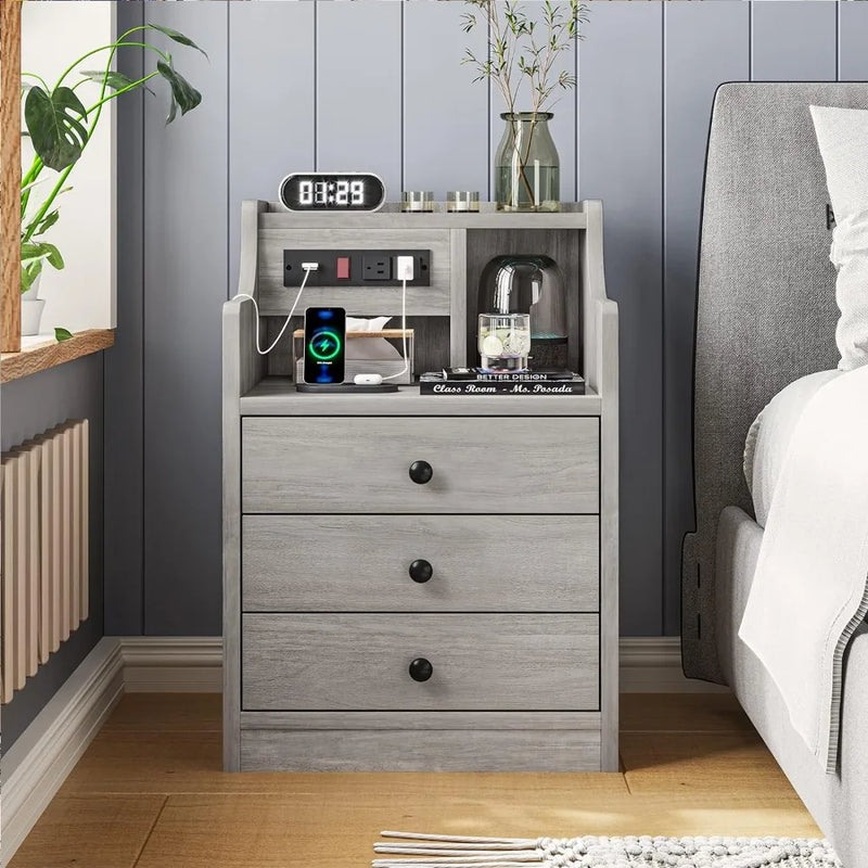 Chic 3 Drawer Nightstand With Charging Station