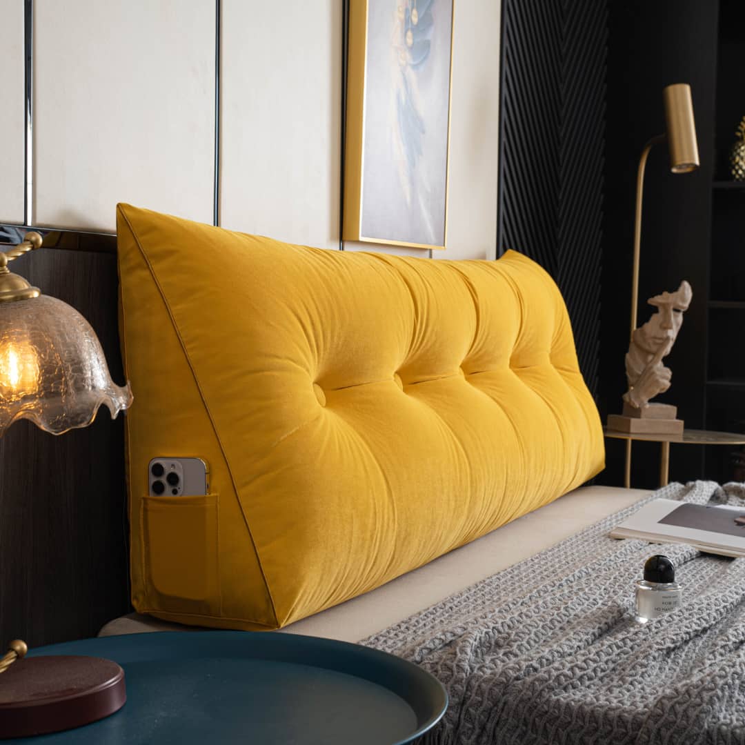 Coussin Tête De Lit Velvet Wedge Avec Rouleau - Oreiller De Lecture Et Repos Beige 60x50x20cm