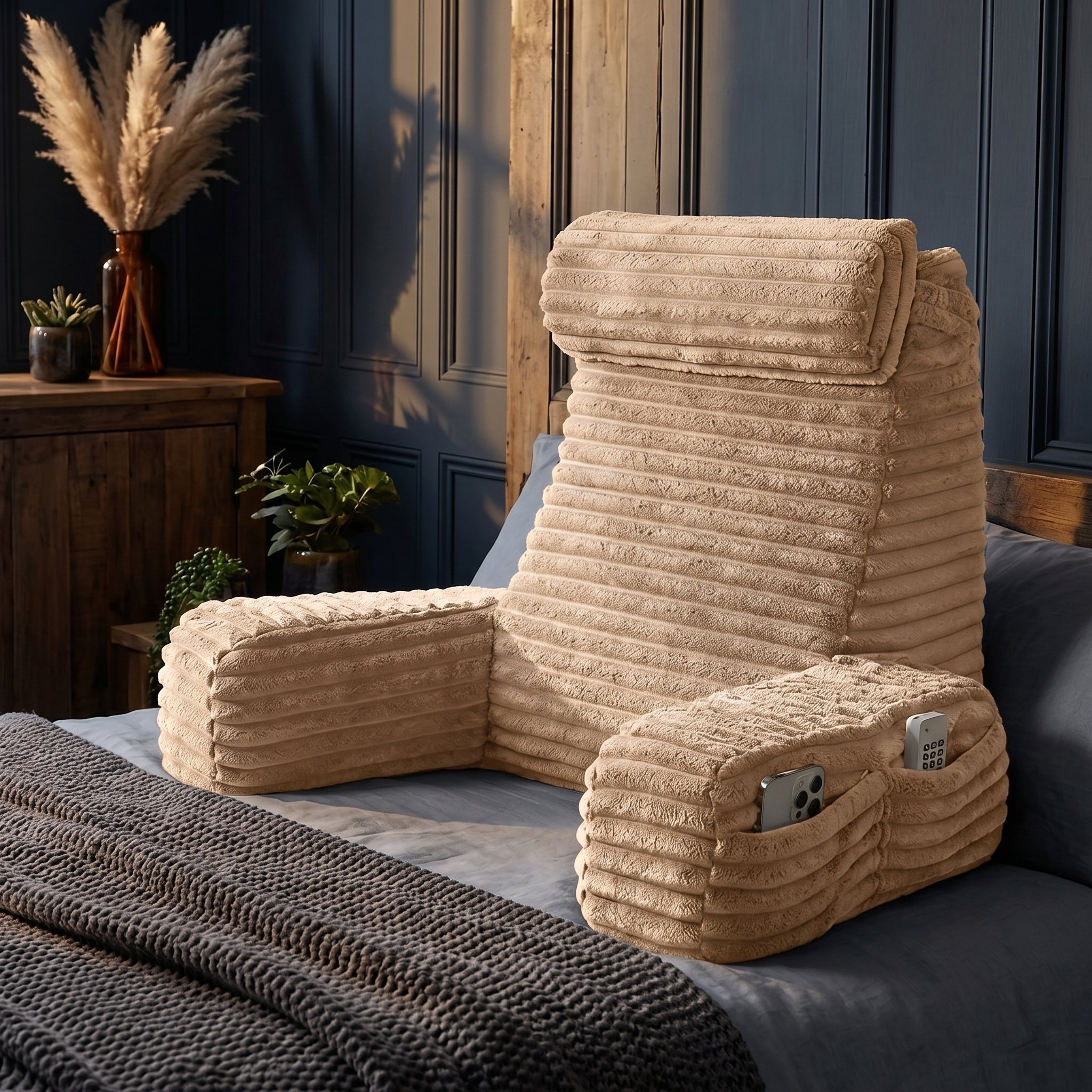 Rückenlehnenkissen mit Armlehnen und verstellbarer Kopfstütze