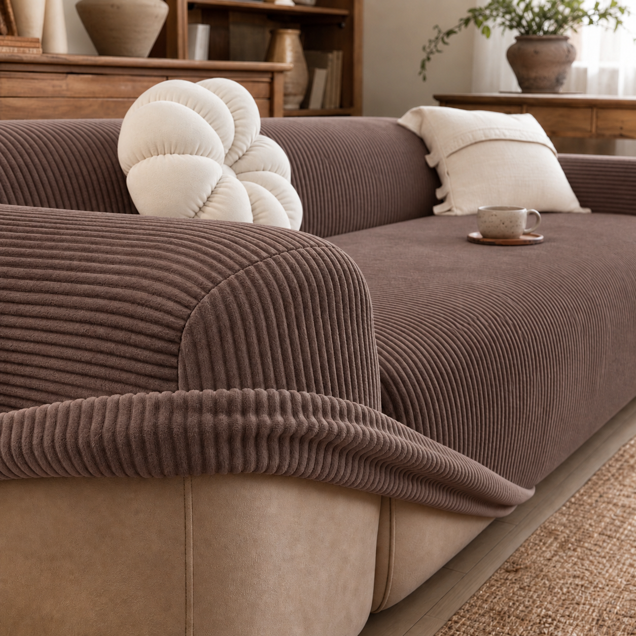 Soft Stretch Fit Slipcover Couch Cover - Ribbed Elastic Sofa Slipcovers