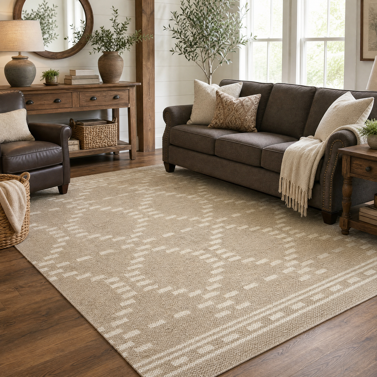 Dune Warm Brown Diamond Jute Rug with White Dotted Lines