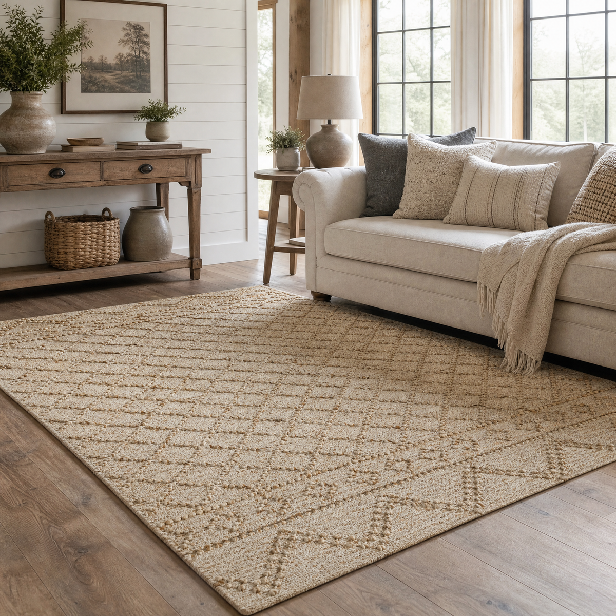 Nira Hand Spun Jute Rug, Raised Diamond Trellis