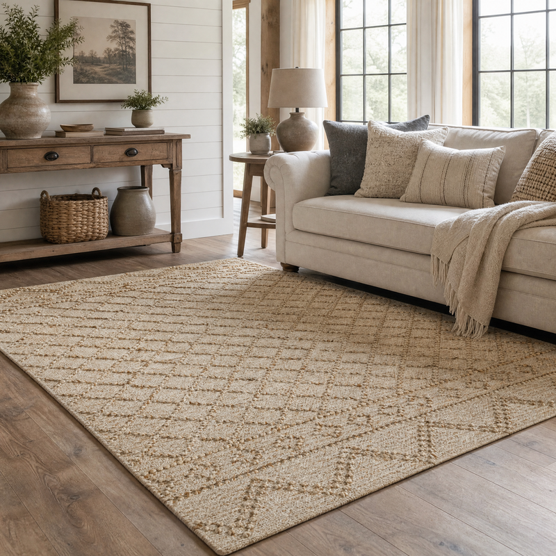 Nira Hand Spun Jute Rug, Raised Diamond Trellis
