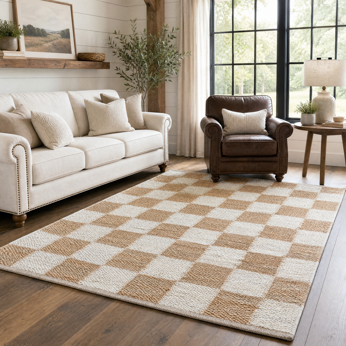Mesa Handwoven Reversible Jute Checkered Area Rug in Tan and Linen White