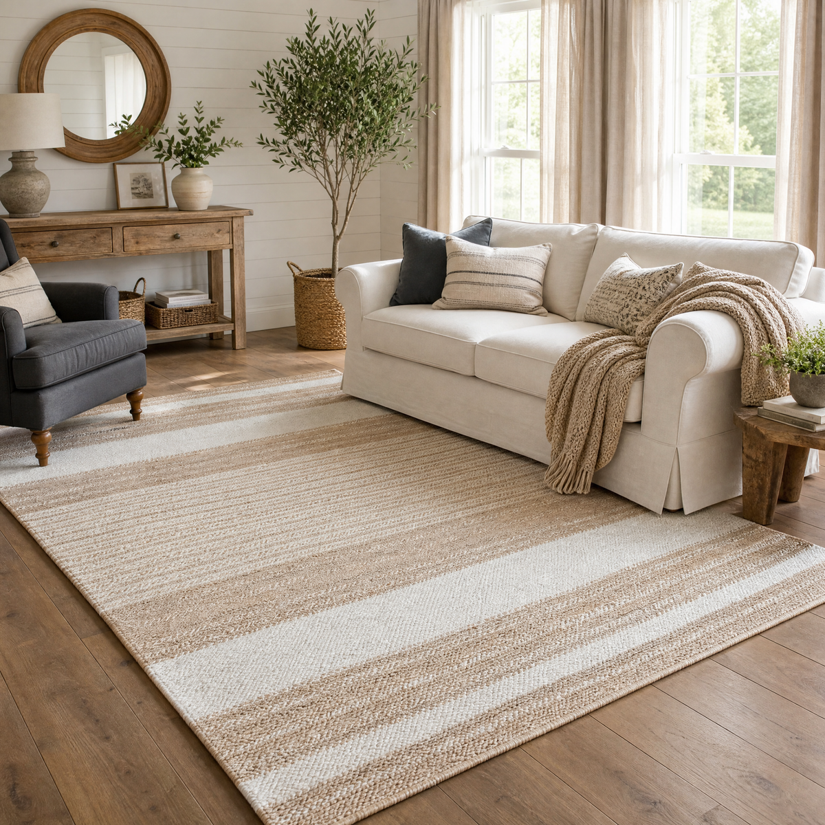 Reva Handwoven Natural Jute Striped Area Rug