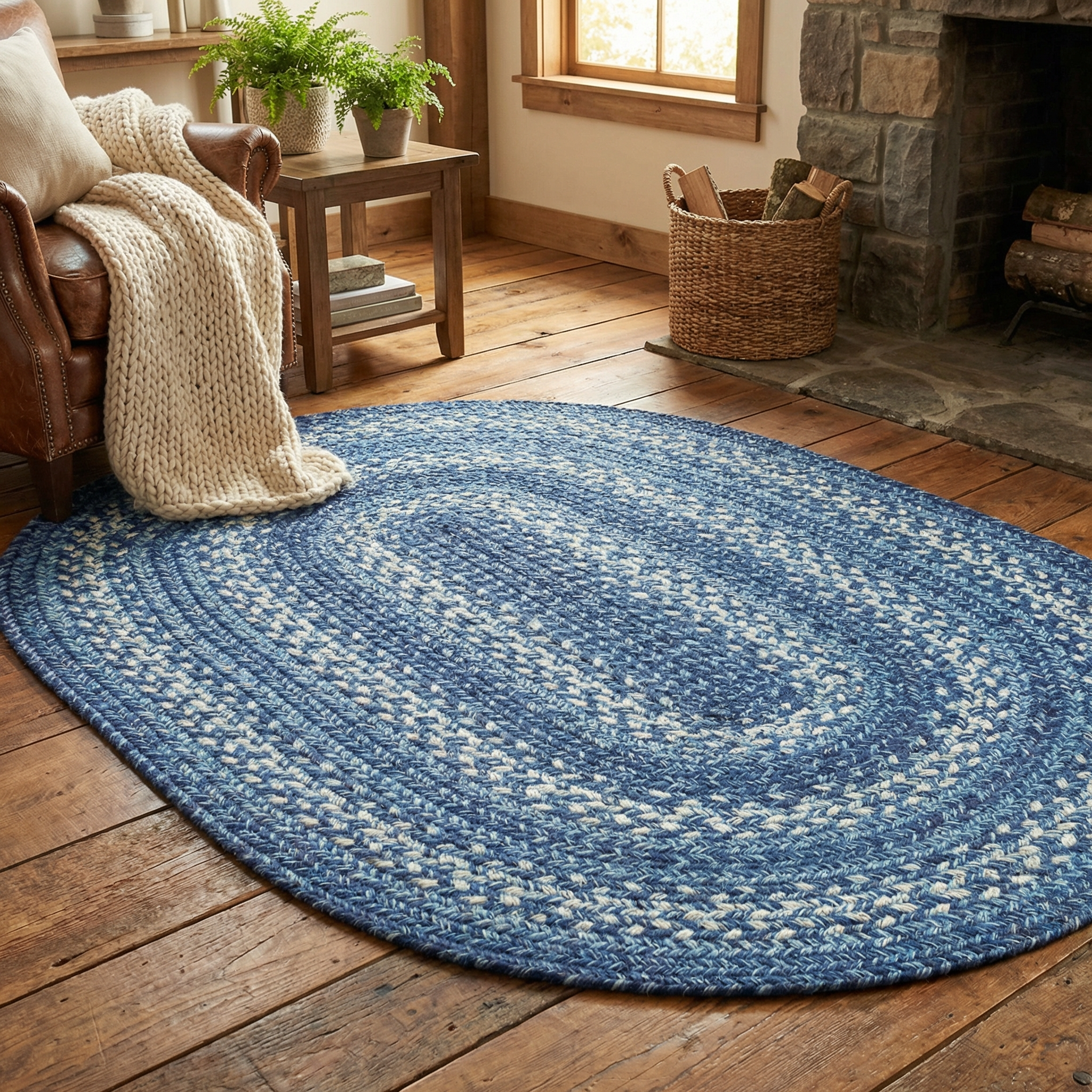 Denim Blue Braided Oval Jute Rug