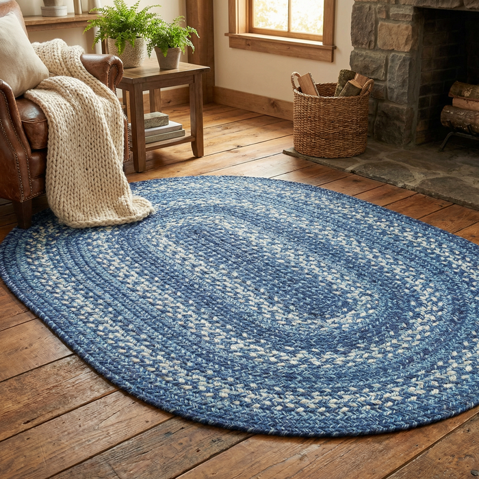 Denim Blue Braided Oval Jute Rug