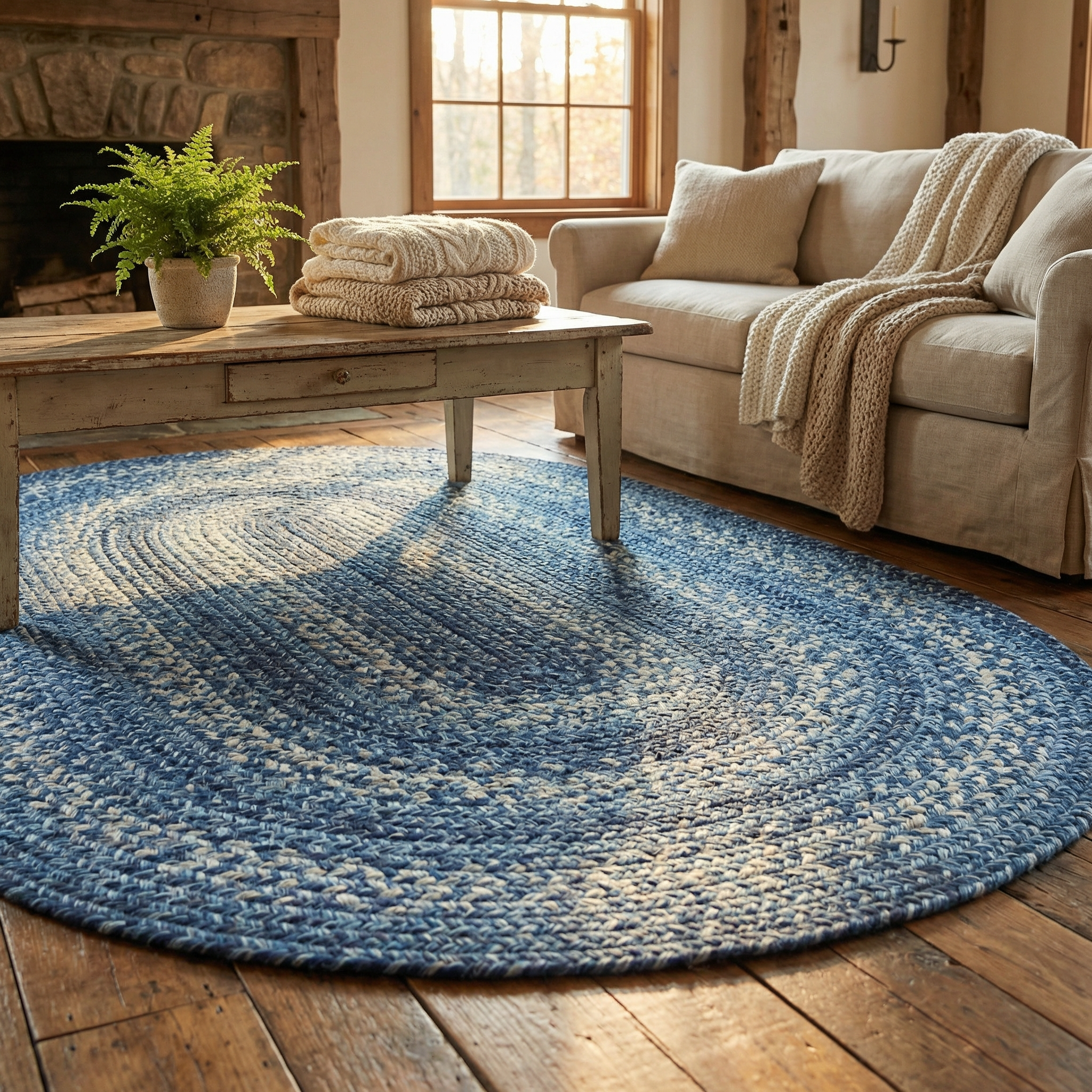 Denim Blue Braided Oval Jute Rug