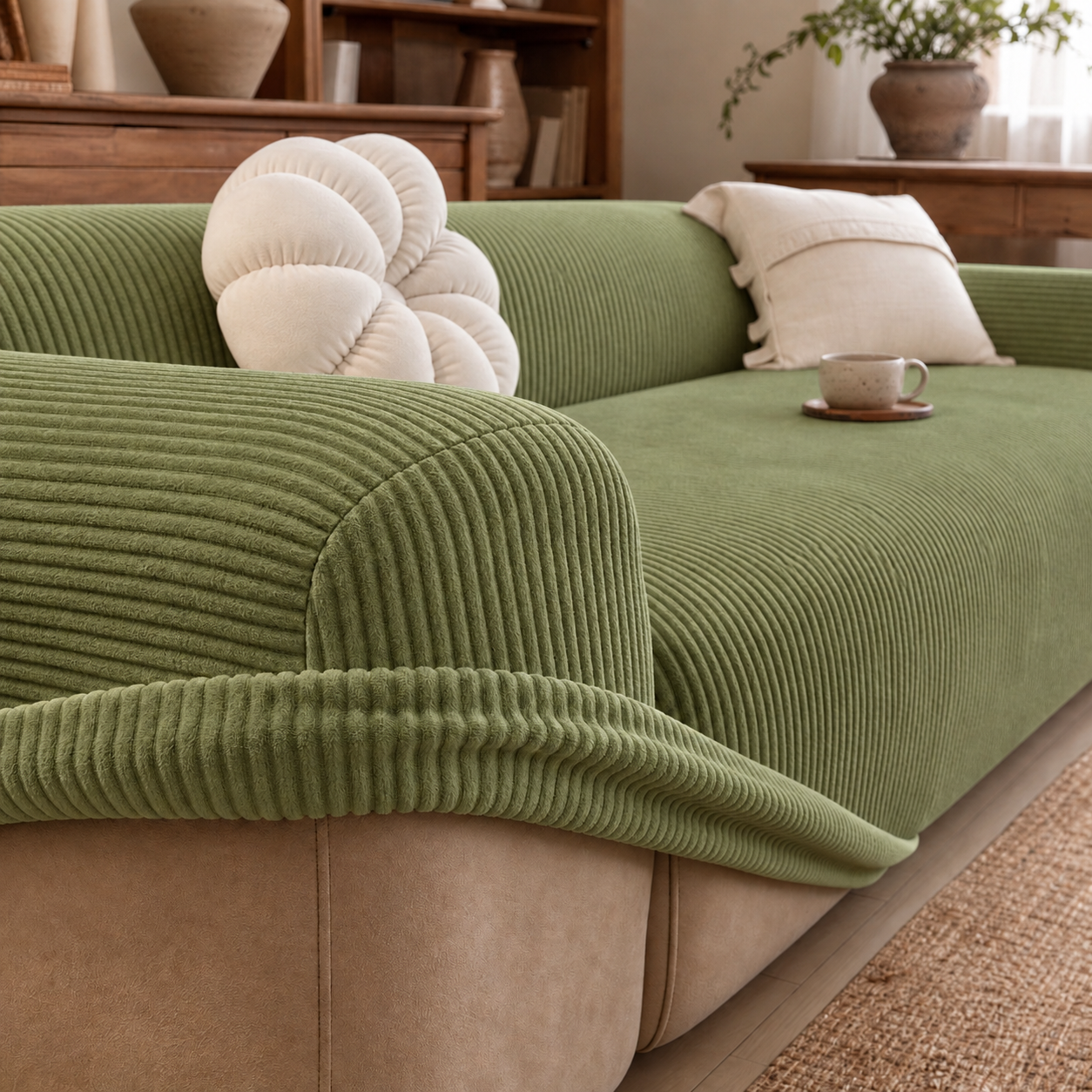 Soft Stretch Fit Slipcover Couch Cover - Ribbed Elastic Sofa Slipcovers