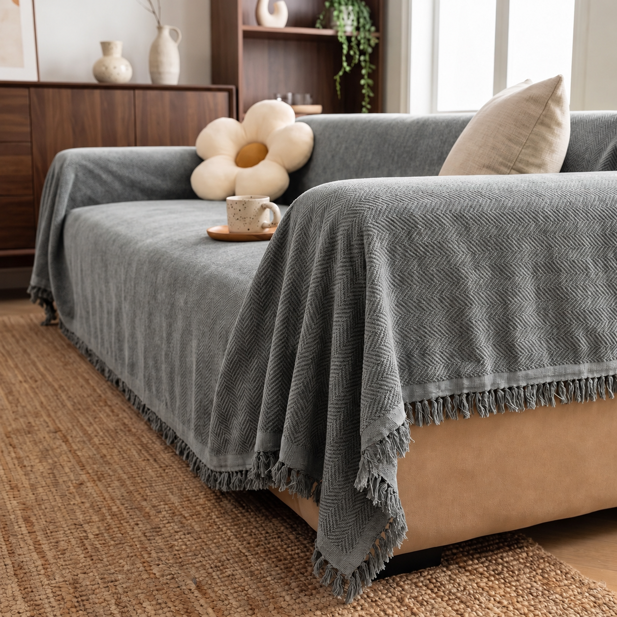 Chenille Herringbone Draped Sofa Cover