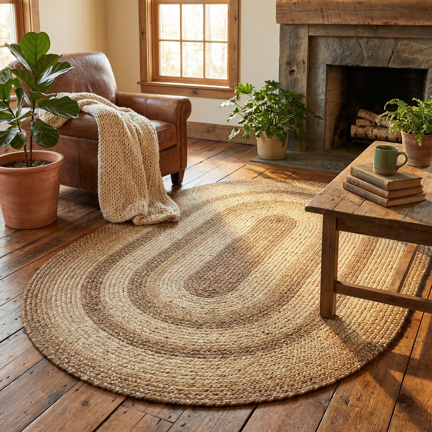 Oval shaped braided jute rug