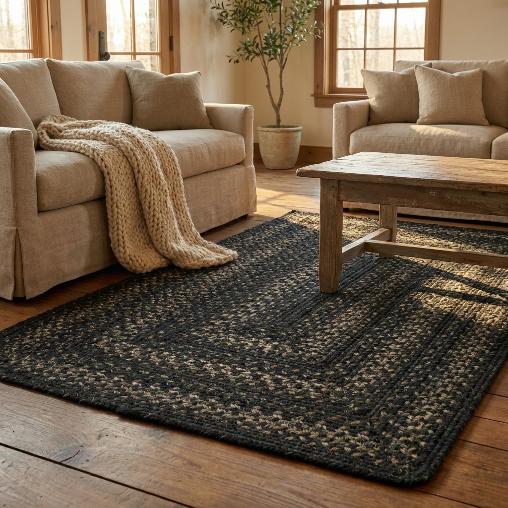 Jet Black Braided Jute Rug