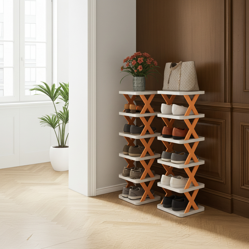 Two orange modern shoe racks side by side
