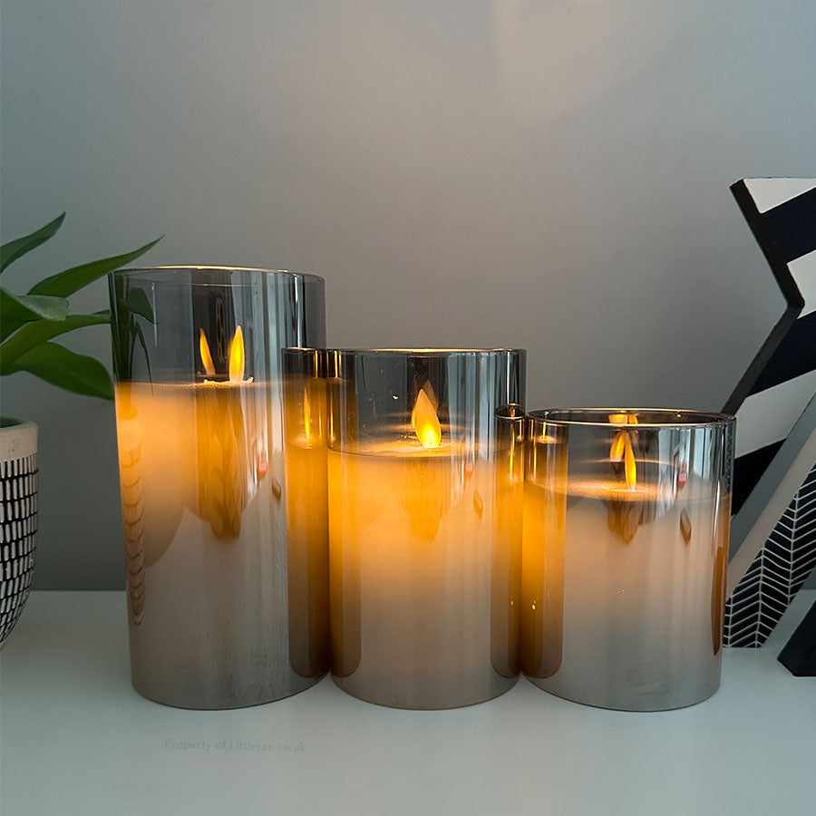 Set Of 3 - Flameless Pillar Candles With Smokey Gray Casing